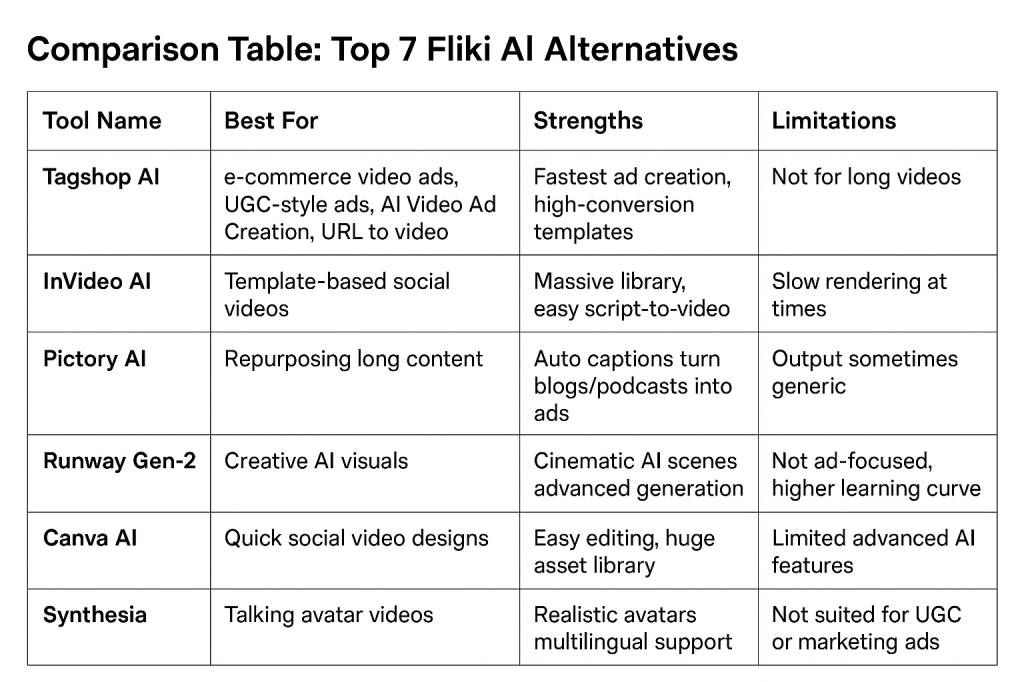 top 7 fliki ai alternatives comparison table